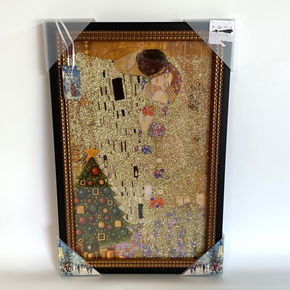 Parvez Taj The Kiss Klimt Christmas Tree Gold Glitter Framed Art 12x18